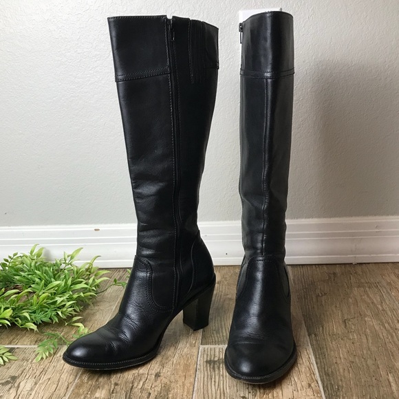 ANN TAYLOR black leather tall boot chunky heel - Picture 2 of 8